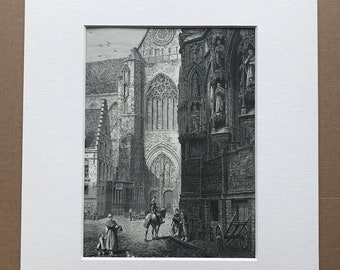1876 Corner of the Hotel de Ville and Church of St Pierre, Louvain Original Antique Wood Engraving - Mounted and Matted - Available Framed