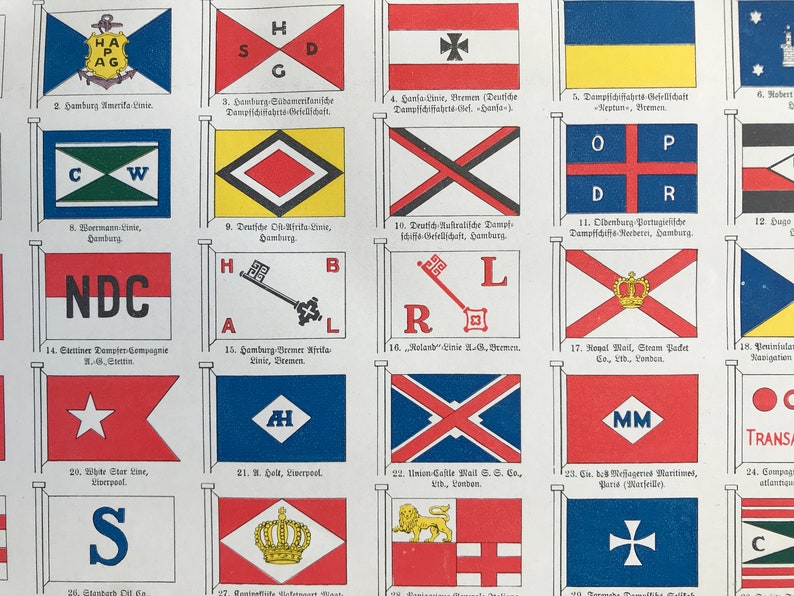 1924 Shipping Company Flags Original Antique Lithograph Etsy