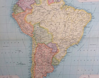 1922 SOUTH AMERICA Large Original Antique Times Atlas Political Map with inset maps showing races, vegetation & population density