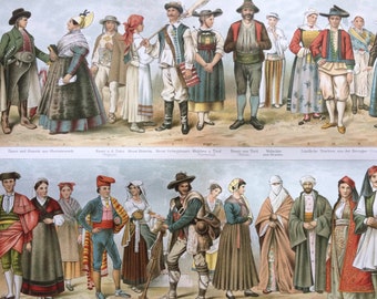 1897 Folk Costumes Original Antique Print - Available Framed - Period Fashion - History - Vintage Decor