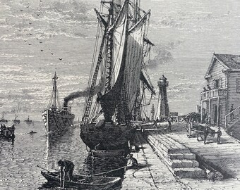 1895 Mouth of Cuyahoga River, Cleveland Original Antique Wood Engraving - Ohio - Ship - Harbour - Mounted and Matted - Available Framed