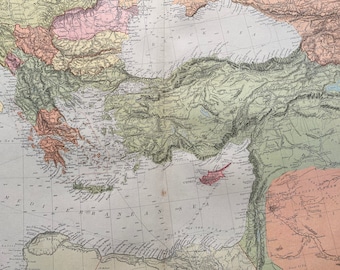 1906 The Mediterranean (Eastern Sheet) Original Antique Map - Turkey - Greece - Bulgaria - Romania - Serbia - Israel - Vintage Wall Decor