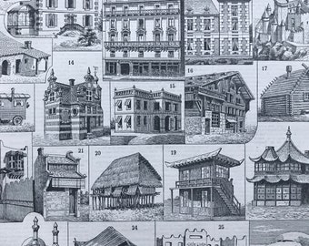 1897 Types of Habitation Original Antique Print - Civil Architecture - House Design - Mounted and Matted - Available Framed