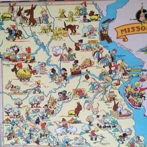 Mapa original de dibujos animados de Missouri de 1935 - Ruth Taylor - Disponible enmarcado - Mapa caprichoso - Estados Unidos