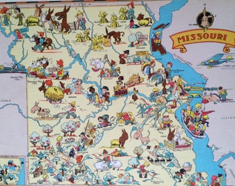 1935 Missouri Original Vintage Cartoon Map - Ruth Taylor - Available Framed - Whimsical Map - United States