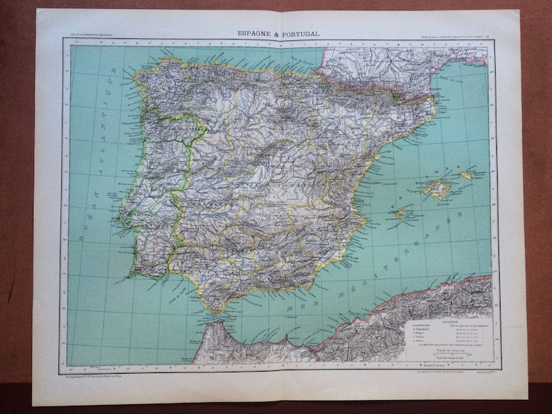 1892 Spain and Portugal Large Original Antique Map 14.5 x ...