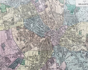 1902 Bradford Original Antique Map - Large Wall Map - City Plan - England