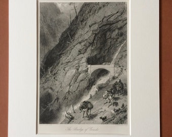 1876 The Bridge of Gondo Original Antique Steel Engraving - Simpson Pass, Switzerland, Alps - Mounted and Matted - Available Framed