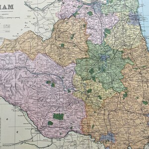 1902 Durham Original Antike Landkarte mit Eisenbahnen, Bahnhöfen, Kreuzungen, Kanälen - Große Wandkarte - England
