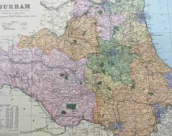 1902 Durham Original Antique Map showing Railways, Stations, Crossroads, Canals - Large Wall Map - England