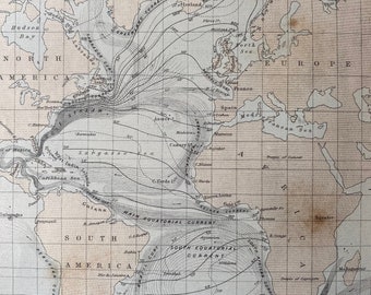 1875 Atlantic Ocean Original Antique Map showing Isothermal Lines and Currents - Oceanography - Available Matted and Framed