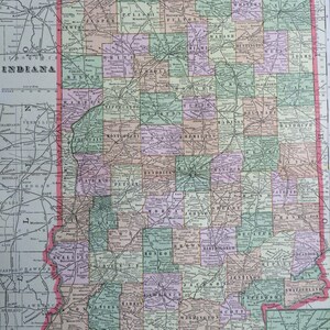 1901 INDIANA grande carte ancienne originale, 60 x 35 cm, décoration d'intérieur, cartographie, géographie, décoration vintage, carte de l'État des États-Unis