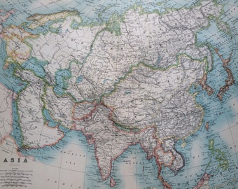 1907 ASIA original antique map, cartography, historical map, wall decor, home decor, W & A. K Johnston Atlas - Continent Map - Asia Wall Map