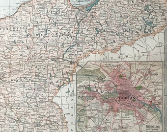 1903 German Empire (Eastern part) Original Antique Map with inset maps of Hamburg and Berlin - Germany