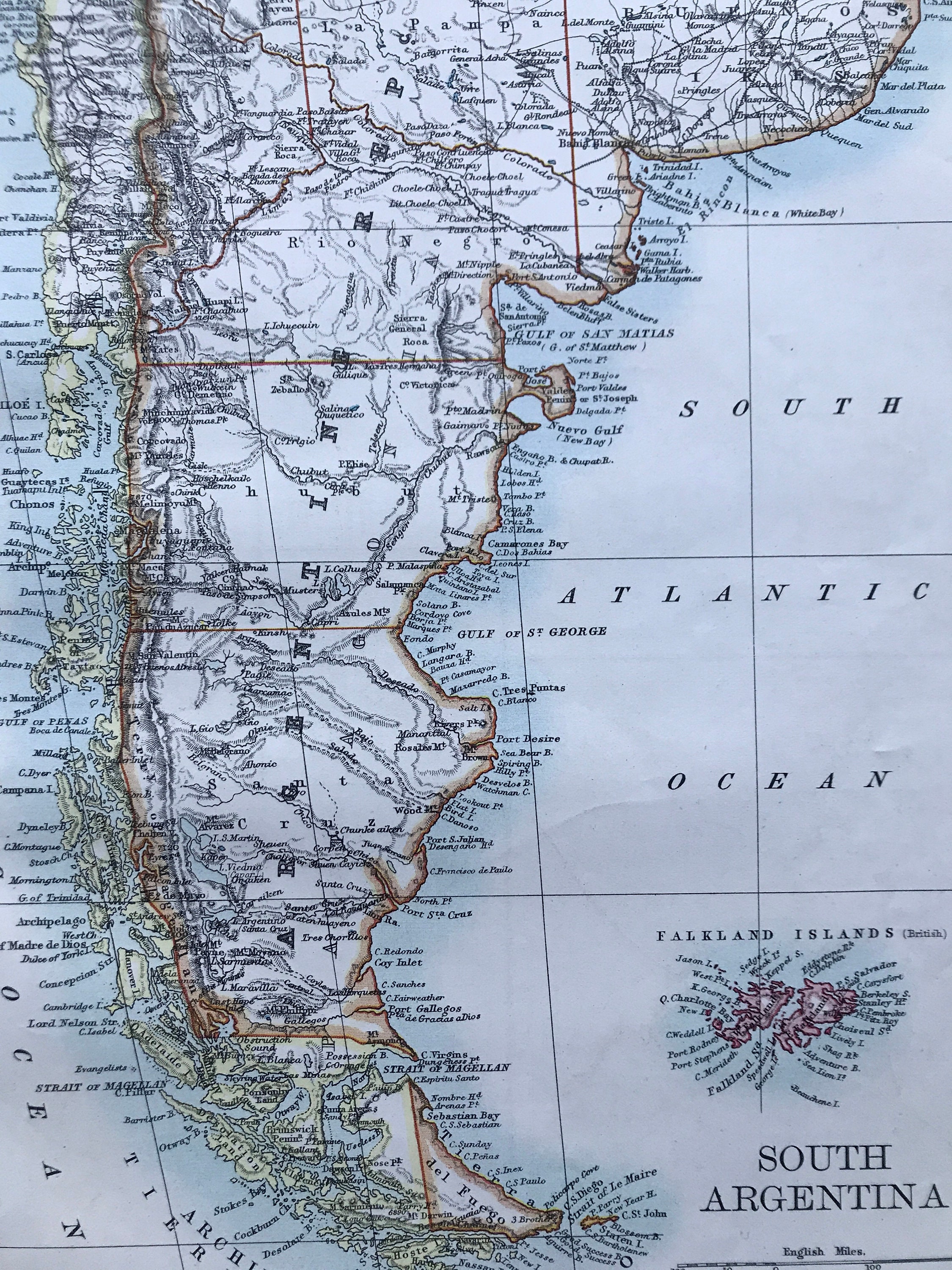 Falkland Islands On Map Of South America 1901 South Argentina Original Antique Map - South America - Falkland Islands  - Mounted And Matted - Available Framed
