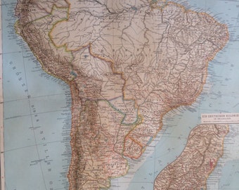 1914 SOUTH AMERICA Large Original Antique Map, 17 x 22 inches, historical wall decor, Debes Atlas, Home Decor, Cartography, Geograph