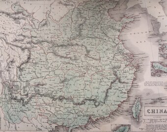 1859 CHINA large rare original antique A & C Black Map - Wall Decor - Home Decor - Chinese Decor - Gift Idea