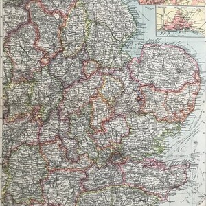 Carte ancienne originale des comtés de maison et de l'est de l'Angleterre de 1903 avec des plans des quais de Londres, des quais de Hull, de Douvres, de Southampton et de Portsmouth