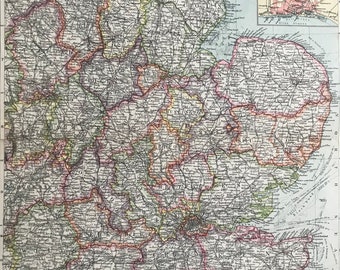 1903 The Home Counties & The East of England Original Antique Map with inset maps of London Docks, Hull Docks, Dover, Southampton Portsmouth