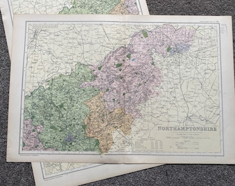 1902 Northamptonshire Set of 2 Large Original Antique Maps showing railways, stations, crossroads, canals - England