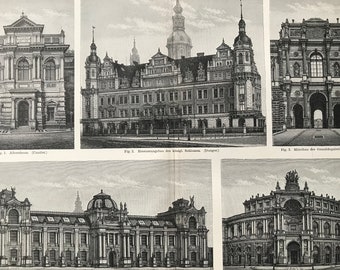 1897 Dresden Buildings Original Antique Print - Available Framed - Germany - Civil Architecture - Vintage Wall Decor