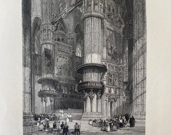 1844 Interior of Milan Cathedral Original Antique Print - Italy - Engraving - Mounted and Matted - Available Framed