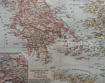 1895 Greece Original Antique Map - Available Framed - Vintage Map