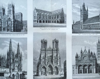 1897 Gothic Architecture Original Antique Print - Available Framed - Gift for Architect - Vintage Decor