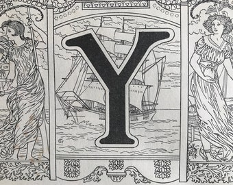 1923 Letter Y Art Nouveau Original Antique Print - Mounted and Matted - Decorative Art - Alphabet - Gift Idea - Name Day Present