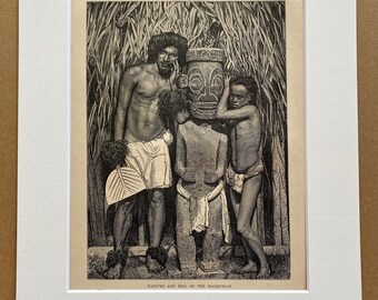 1880 Natives and Idol of the Marquesas Original Antique Print - Pacific Islands - Oceania - Mounted and Matted - Available Framed