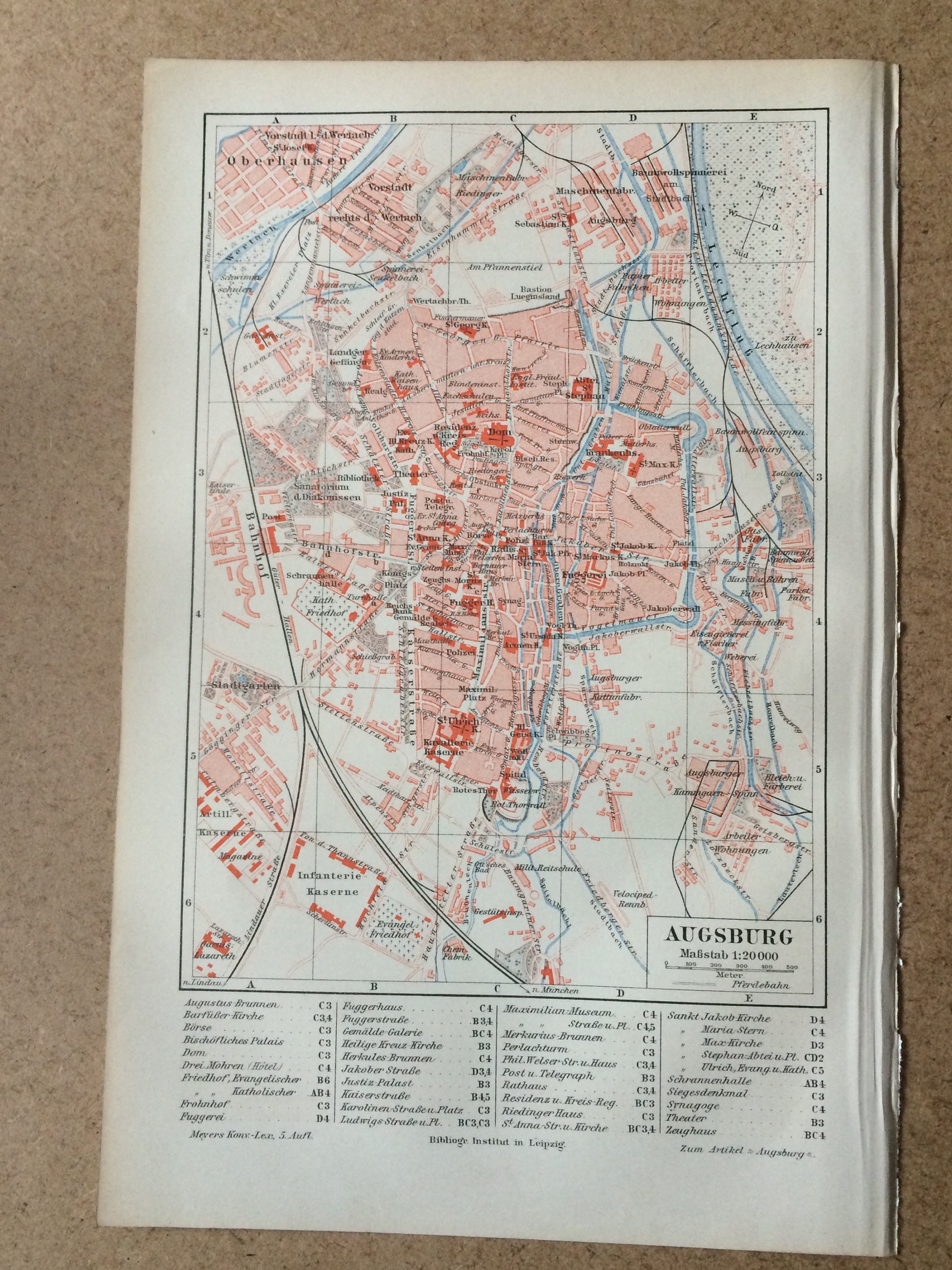 1894 Augsburg Small Original Antique Map - Germany - City Plan