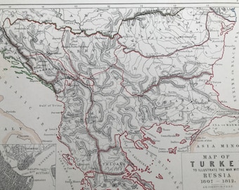 1875 Map of Turkey to illustrate the war with Russia 1807-1812 Original Antique Map - Battle Map - Military History - Available Framed