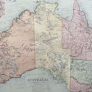 1898 Australien Antike Original Landkarte - Große Wandkarte mit Einlegekarten von Australien, Adelaide, Sydney und Tasmanien