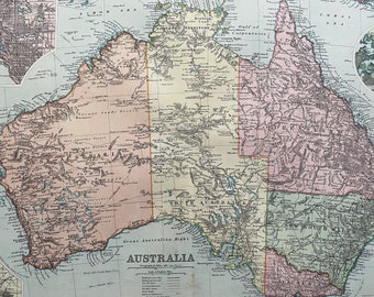 1898 Australia Original Antique Map - Large Wall Map with inset maps of Melbourne, Adelaide, Sydney and Tasmania