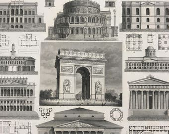1849 Neo-Classical Architecture Large Original Antique Engraving - Mounted and Matted -  Decorative Art - Classicism - Available Framed