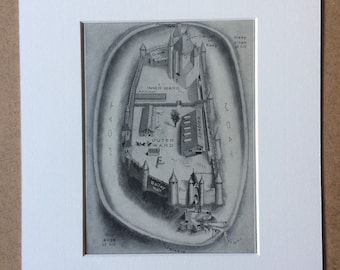 1940s Hill top Castle with moat birds-eye diagram Original Vintage Print - Mounted and Matted - Available Framed