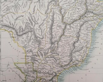 1898 Brazil, Uruguay, Paraguay and Guayana Large Original Antique A & C Black Map - South America - Victorian Wall Decor - Gift Idea