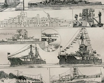 1923 Warship Cruiser Original Antique Print - Mounted and Matted - Decorative Art - Wall Decor - Military Decor - Naval Decor