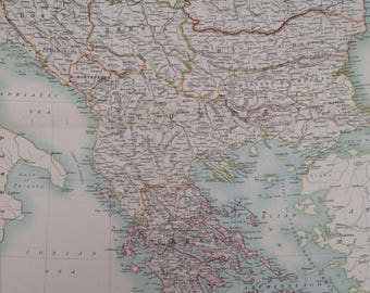 1898 Turkey in Europe Extra Large Original Antique A & C Black Map - Balkans, Serbia, Montenegro, Greece, Bosnia - Gift Idea - Wall Decor