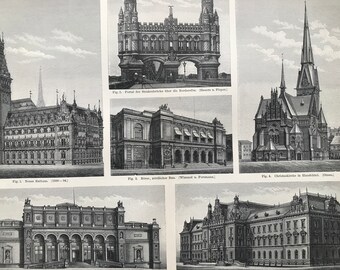 1897 Hamburg Architecture Original Antique Print - Available Framed - Gift for Architect - Building - Vintage Decor