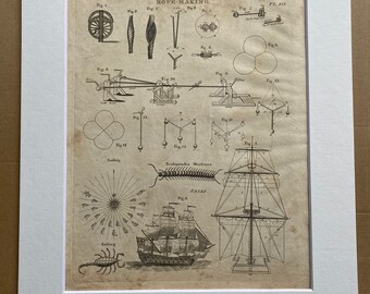 1806 Rope-Making, Sails, Sailing Original Antique Engraving - Encyclopaedia - Mounted and Matted - Available Framed
