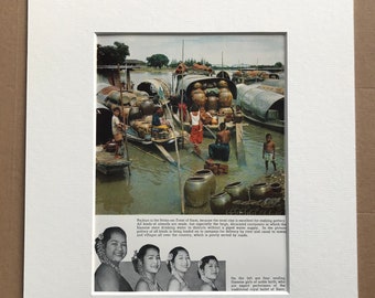 1940s Sampans loaded with Siamese Pottery Original Vintage Photo Print - Thailand - Siam - Mounted and Matted - Available Framed