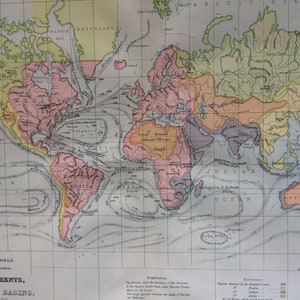 1871 Original antike Weltkarte mit der Meeresrichtung und den Einzugsgebieten der großen Flüsse - Ozeanographie - Meteorologie