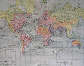 1871 Original Antique World Map showing the direction of Ocean Currents and the Great River Basins - Oceanography - Meteorology