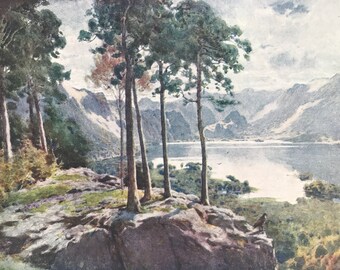 1914 Derwentwater from Castle Head Original Antique Print - The Lake District - Mounted and Matted - Available Framed