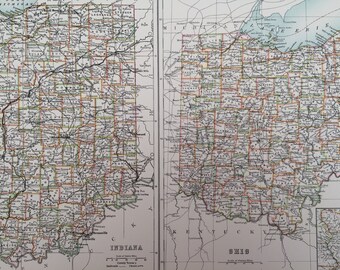 1898 Indiana and Ohio Large Original Antique A & C Black Map - United States - Victorian Wall Decor - Wedding Gift Idea