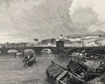 1871 Pisa Original Antique Steel Engraving - Italy - Cityscape - Fine Art - Mounted and Matted - Available Framed