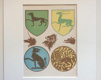1903 Set of Heraldic Animals Design Original Antique Matted Lithograph - Wall Decor - Decorative Art - Art Deco - Heraldry - Shield