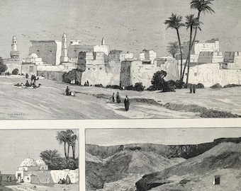 1883 The Ruins of Thebes Original Antique Print - Temples of Luxor - Valley of the Tombs of Kings - Mounted and Matted - Available Framed