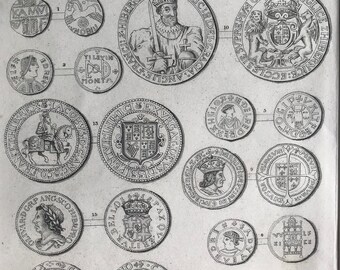 1858 Numismatology (English Coins) Original Antique Engraving - Coin Collector - Victorian Decor - Available Matted and Framed